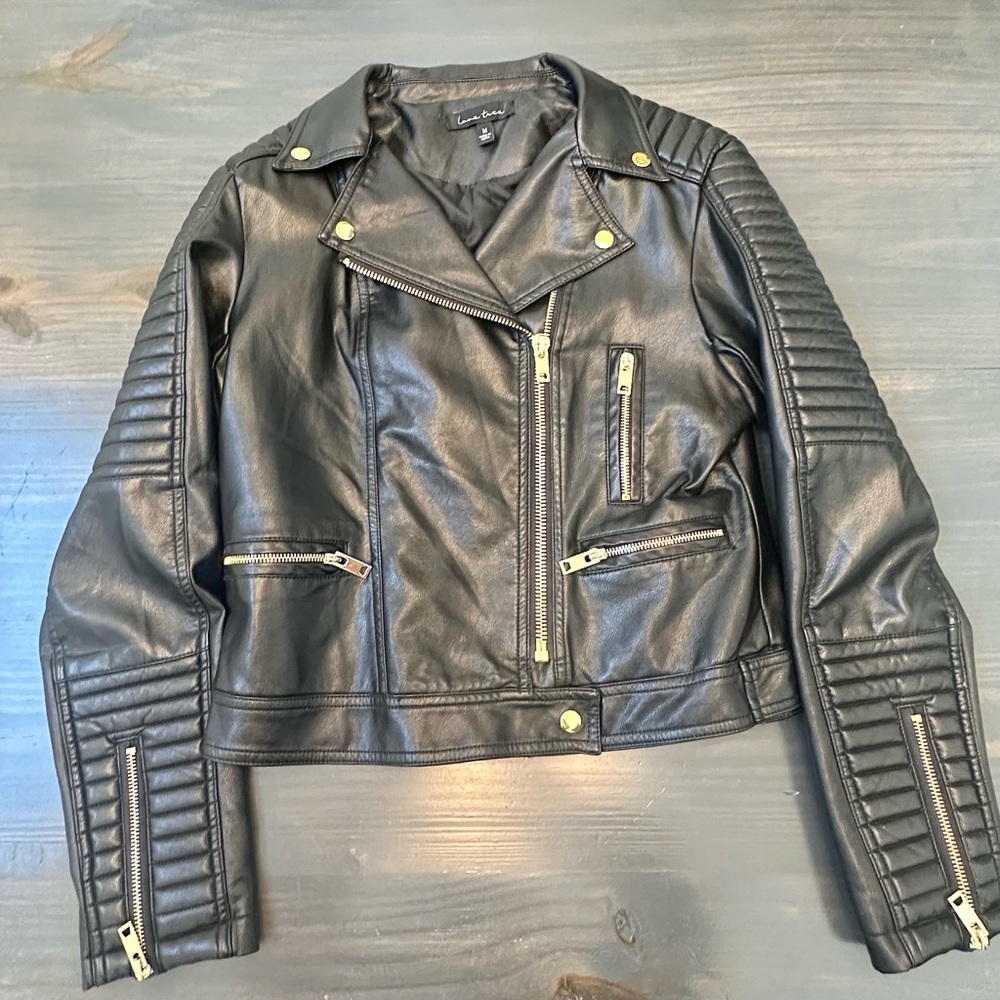Vegan Leather Denim Jacket with gold buttons and zipper size M